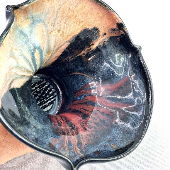 Francine Zajac Flower Frog Glazed Pottery Vase Bowl  Black Beige Reds Marbled - Picture 4 of 7